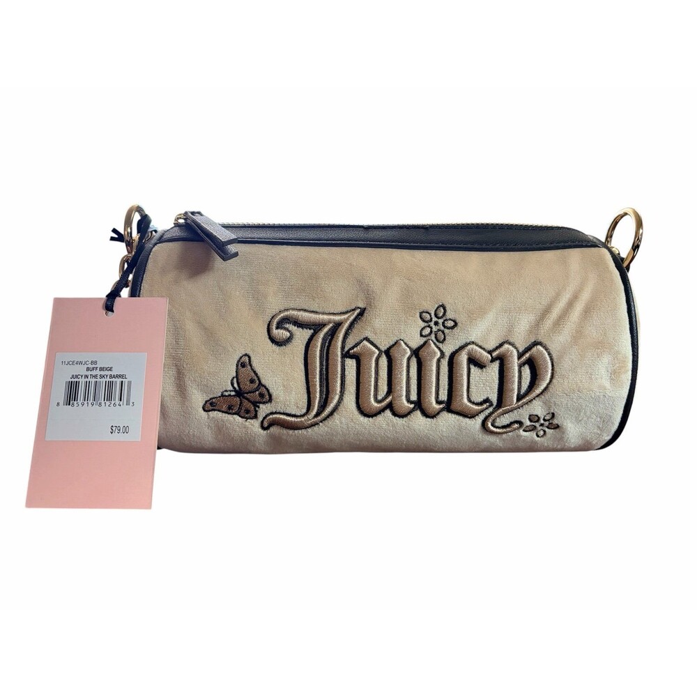 Juicy Couture Buff Beige Velour Barrel Bag Butterfly Embroidered Shoulder Purse